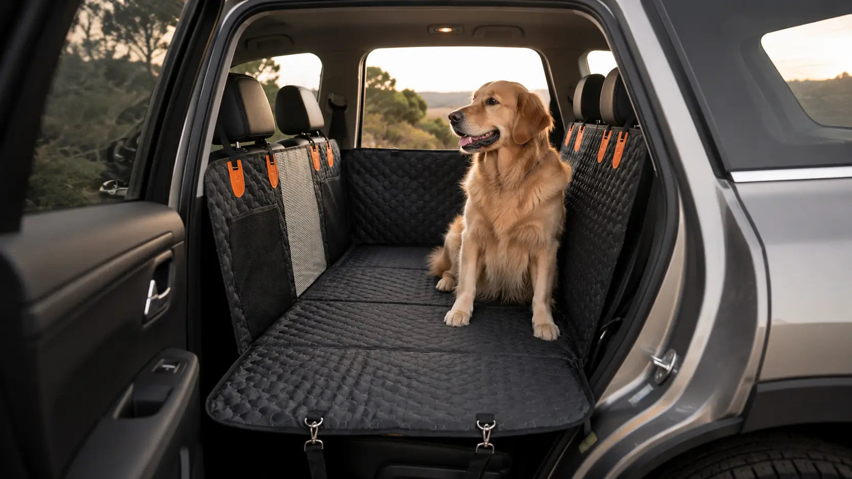 Golden retriever sitting on a black RoadBed car seat extender in an SUV